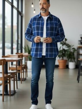 Samsoe Samsoe Italian Flannel Damon Shirt Blue Plaid Size Medium!